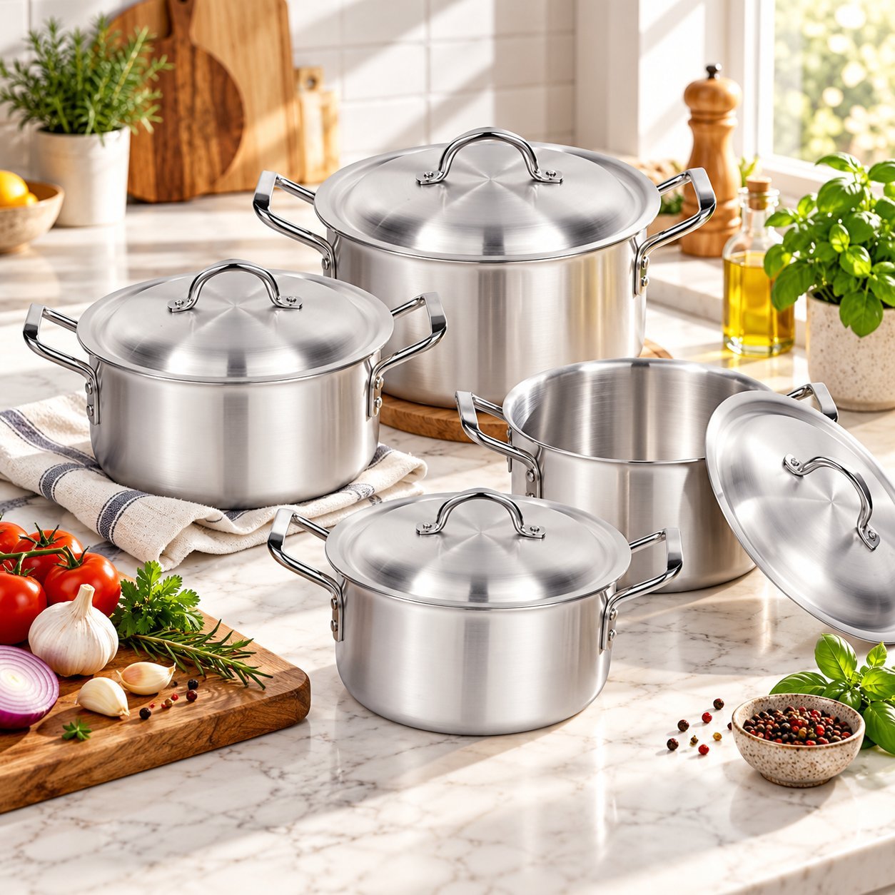 Cooking Pot Set with Lids - Cooking Pot Set with Lids – Luxury Premium 4 Piece Silver Metal Cookware Set with Deep Round Casserole Pots, Matching Domed Lids, Strong Double Side Handles, Traditional Stockpots for Rice, Curry, Soups, Stews, Boiling & Everyday Family Kitchen Cooking – (view 3)