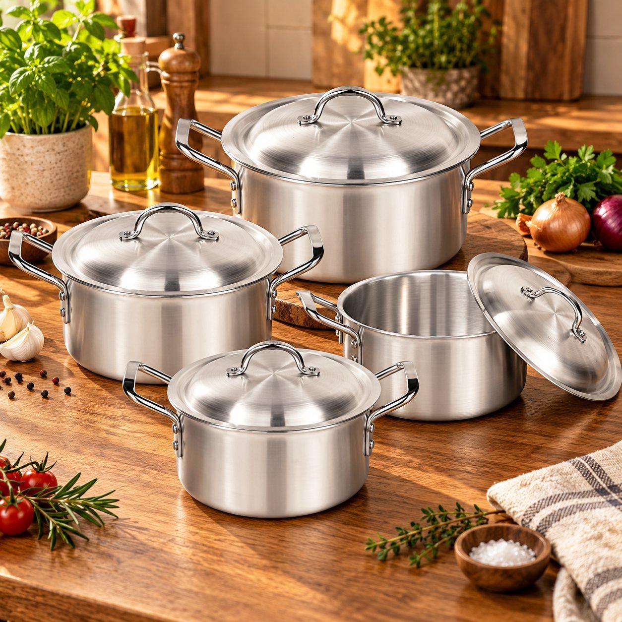Cooking Pot Set with Lids - Cooking Pot Set with Lids – Luxury Premium 4 Piece Silver Metal Cookware Set with Deep Round Casserole Pots, Matching Domed Lids, Strong Double Side Handles, Traditional Stockpots for Rice, Curry, Soups, Stews, Boiling & Everyday Family Kitchen Cooking – (view 4)