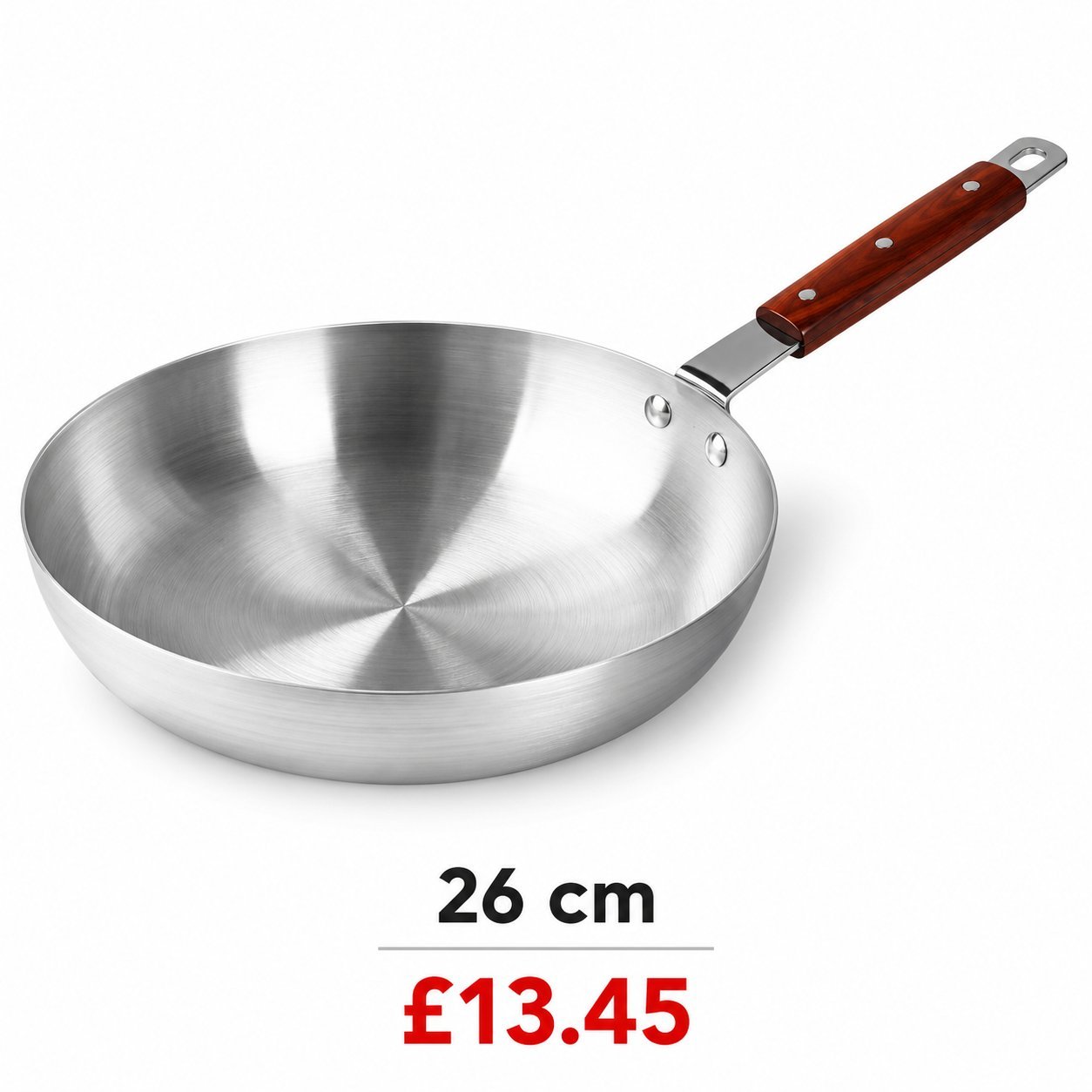 Wok Pan with Wooden Handle - Wok Pan with Wooden Handle – Luxury Premium Deep Round Silver Metal Cooking Wok, Traditional Stir Fry Pan with Long Brown Wood-Effect Handle, Smooth Brushed Metal Interior & Hanging Loop for Stir-Frying, Curry, Vegetables, Noodles & Everyday Kitchen Cooki (view 2)