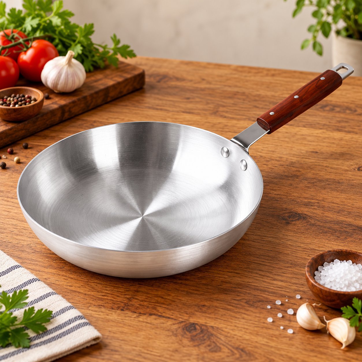 Wok Pan with Wooden Handle - Wok Pan with Wooden Handle – Luxury Premium Deep Round Silver Metal Cooking Wok, Traditional Stir Fry Pan with Long Brown Wood-Effect Handle, Smooth Brushed Metal Interior & Hanging Loop for Stir-Frying, Curry, Vegetables, Noodles & Everyday Kitchen Cooki (view 3)