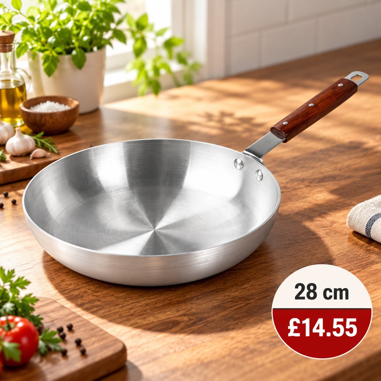 Wok Pan with Wooden Handle - Wok Pan with Wooden Handle – Luxury Premium Deep Round Silver Metal Cooking Wok, Traditional Stir Fry Pan with Long Brown Wood-Effect Handle, Smooth Brushed Metal Interior & Hanging Loop for Stir-Frying, Curry, Vegetables, Noodles & Everyday Kitchen Cooki (view 4)