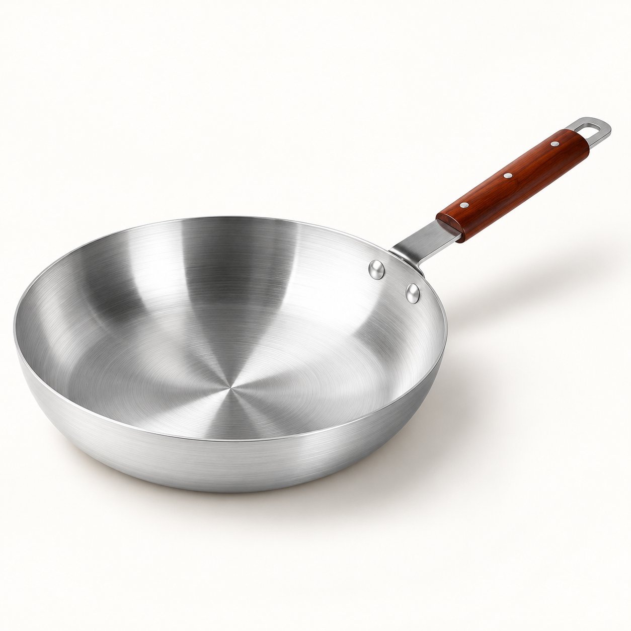 Wok Pan with Wooden Handle - Wok Pan with Wooden Handle – Luxury Premium Deep Round Silver Metal Cooking Wok, Traditional Stir Fry Pan with Long Brown Wood-Effect Handle, Smooth Brushed Metal Interior & Hanging Loop for Stir-Frying, Curry, Vegetables, Noodles & Everyday Kitchen Cooki