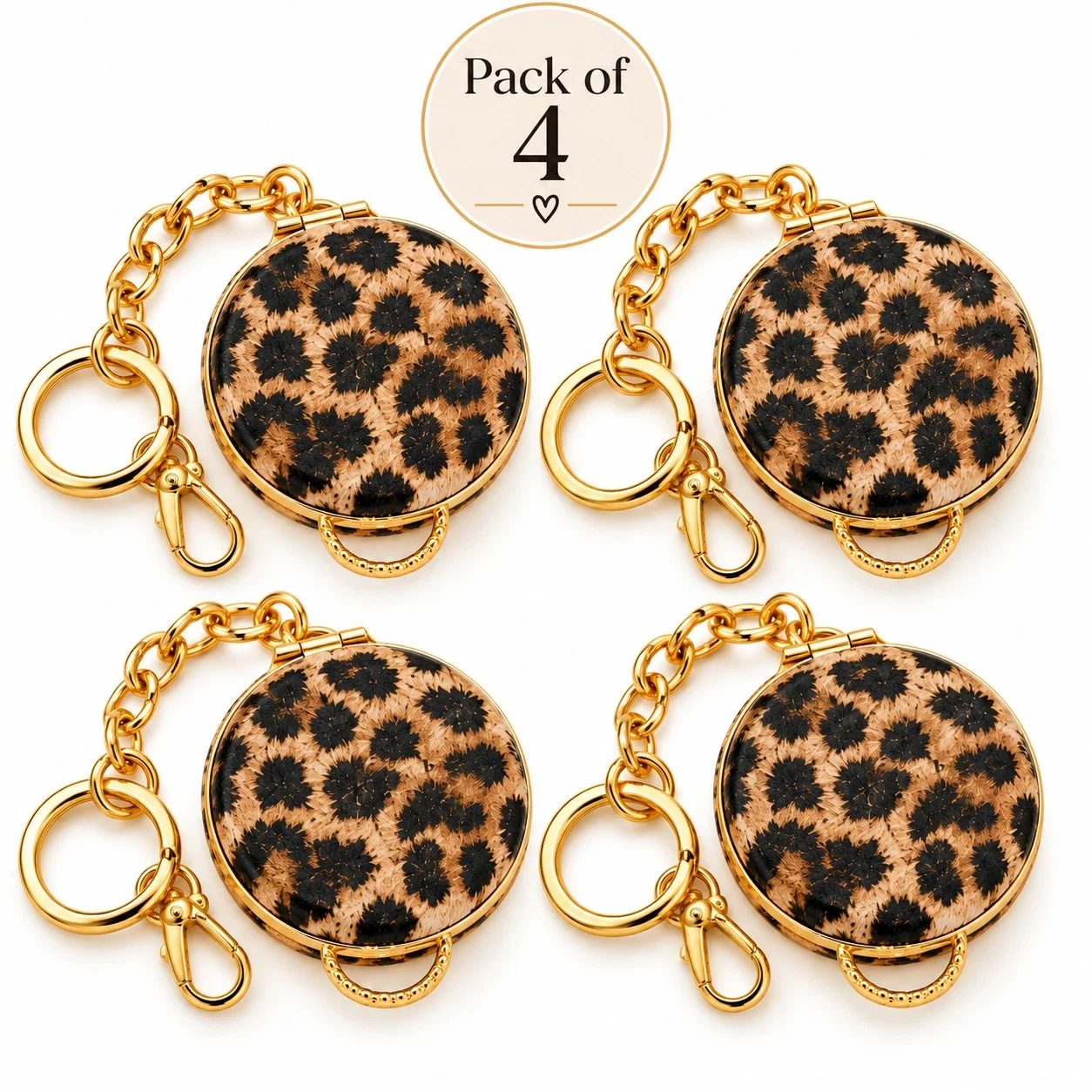Leopard Print Keyring Mirror - 4x Leopard Print Compact Keyring Mirrors – Elegant Round Gold Handbag Charms