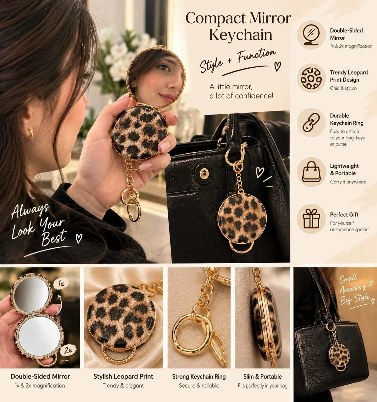 Leopard Print Keyring Mirror - 4x Leopard Print Compact Keyring Mirrors – Elegant Round Gold Handbag Charms (view 2)