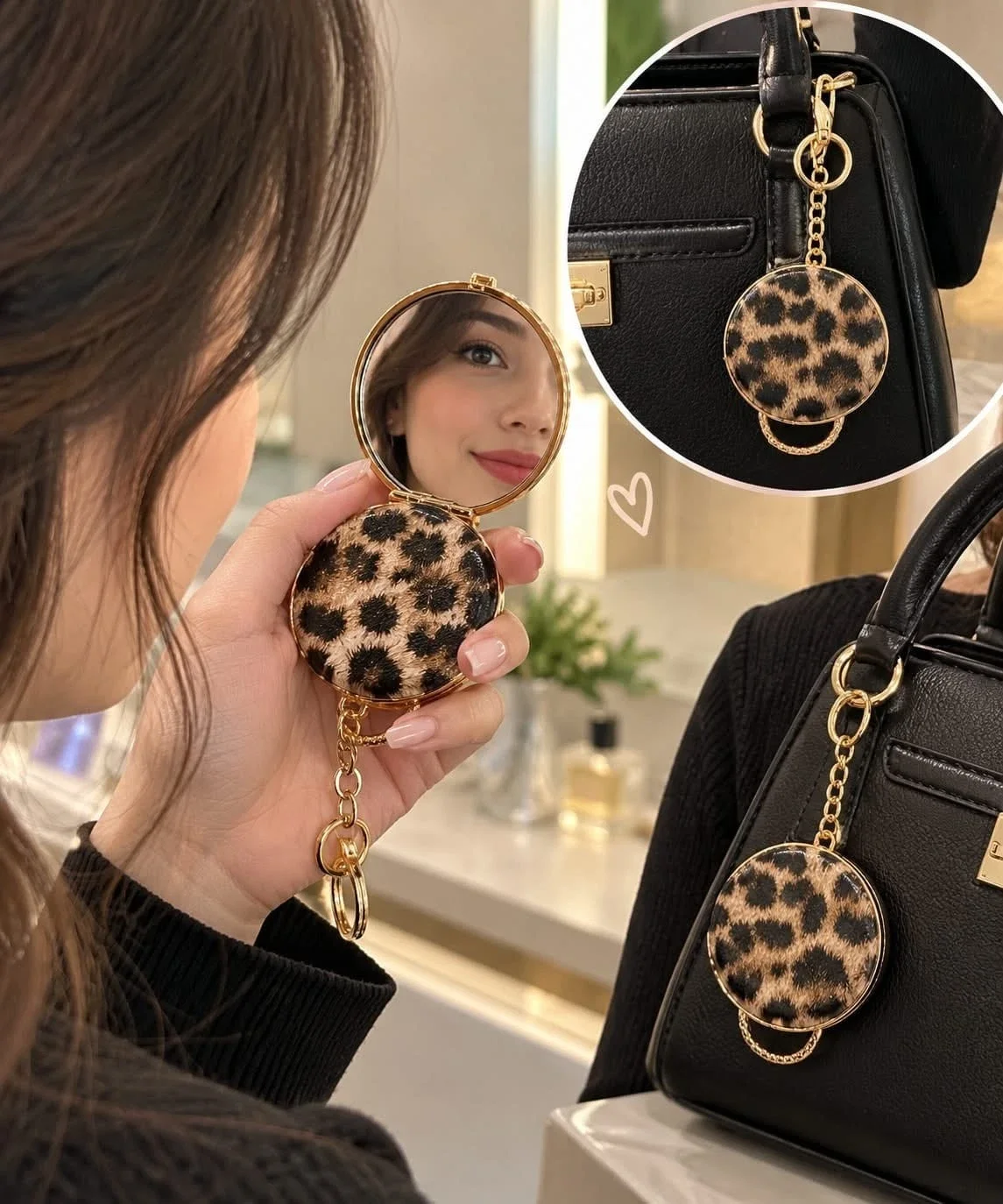 Leopard Print Keyring Mirror - 4x Leopard Print Compact Keyring Mirrors – Elegant Round Gold Handbag Charms (view 3)