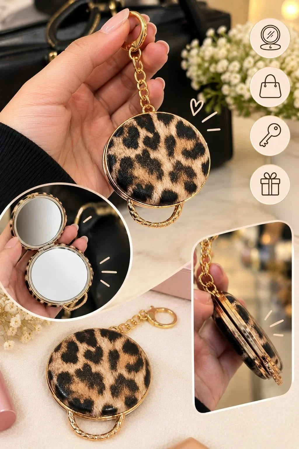 Leopard Print Keyring Mirror - 4x Leopard Print Compact Keyring Mirrors – Elegant Round Gold Handbag Charms (view 4)