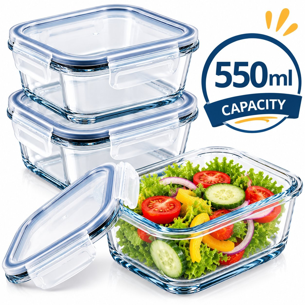 Glass Meal Prep Containers - Glass Meal Prep Containers 3-Piece Set – Premium 550ml Square Airtight Food Storage Boxes with Leakproof Lids (view 2)