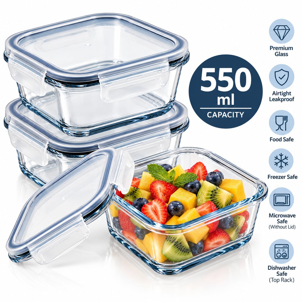 Glass Meal Prep Containers - Glass Meal Prep Containers 3-Piece Set – Premium 550ml Square Airtight Food Storage Boxes with Leakproof Lids (view 3)