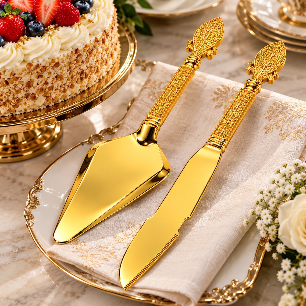 Gold Cake Knife and Server Set - Gold Cake Knife and Server Set 2PCS – Luxury Stainless Steel Wedding Cake Cutting Utensils with Ornate Handles (view 2)