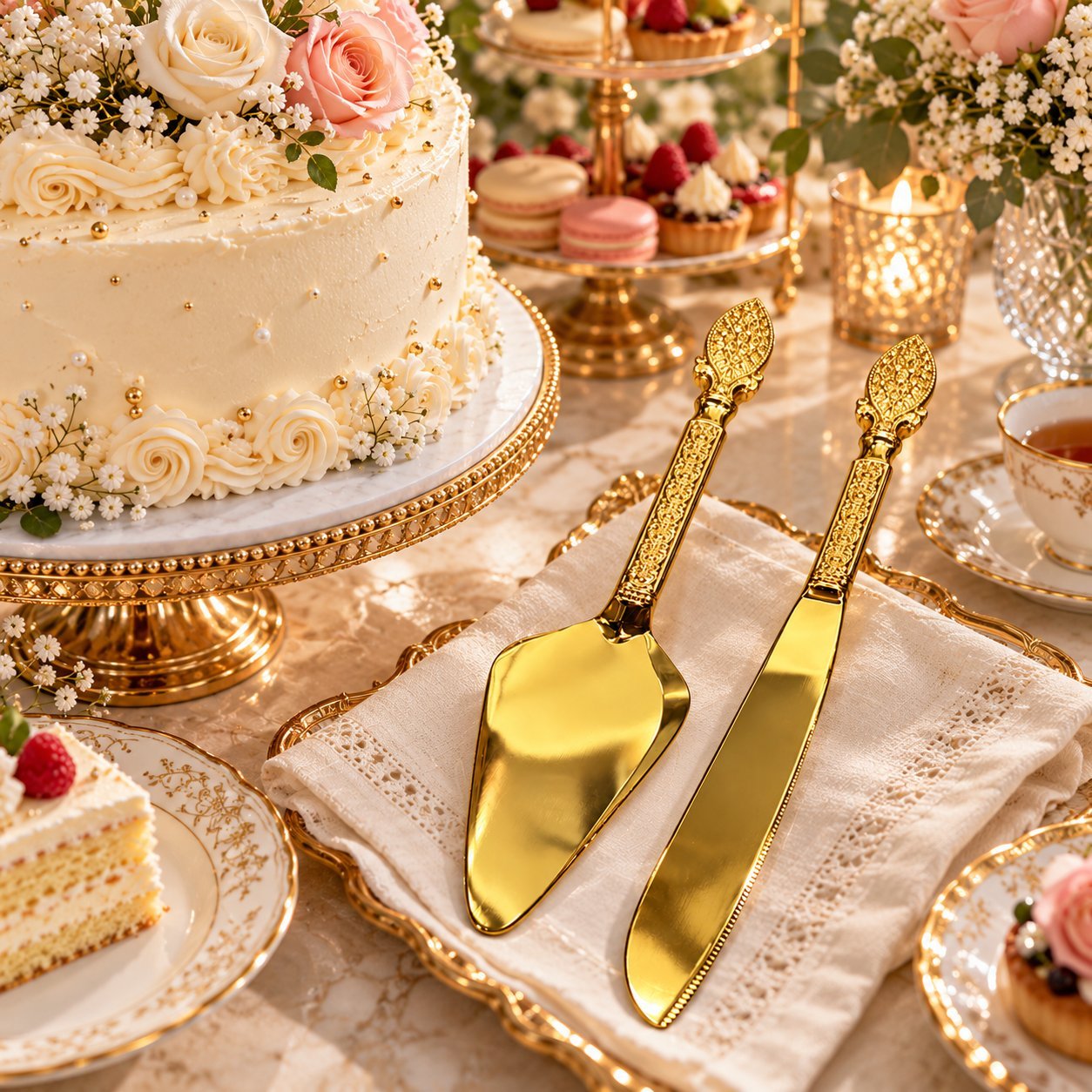 Gold Cake Knife and Server Set - Gold Cake Knife and Server Set 2PCS – Luxury Stainless Steel Wedding Cake Cutting Utensils with Ornate Handles (view 3)