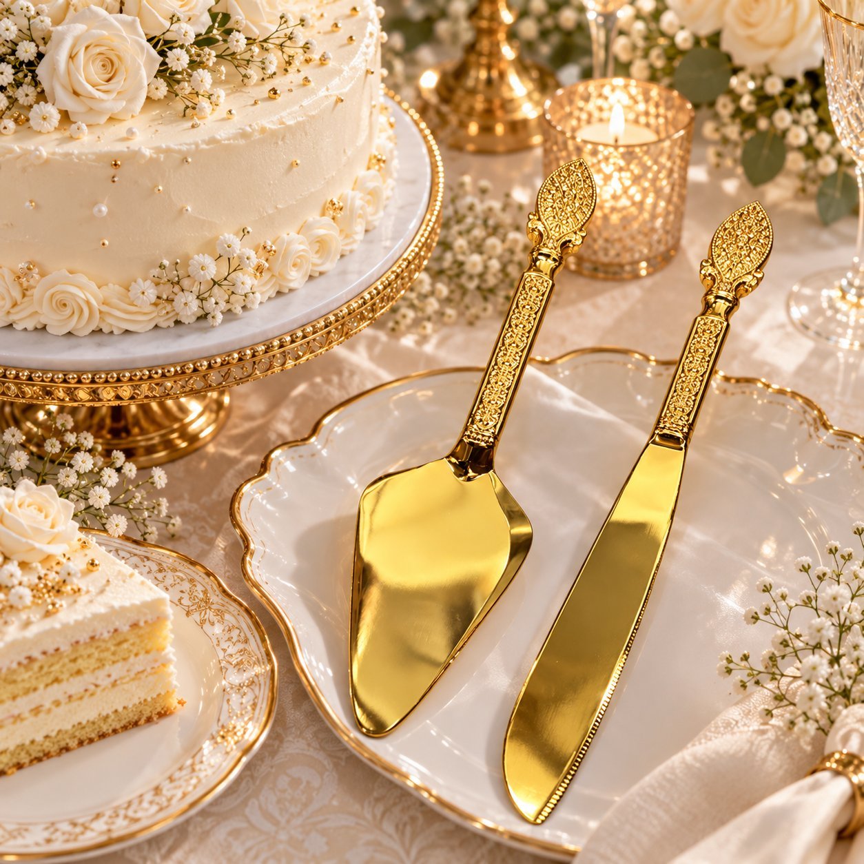 Gold Cake Knife and Server Set - Gold Cake Knife and Server Set 2PCS – Luxury Stainless Steel Wedding Cake Cutting Utensils with Ornate Handles (view 4)